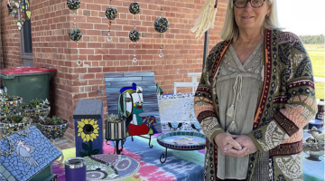 Pictured back in 2023 at the Parkes Que Club Open Gardens and Market Day was Susan Maddison at her mosaic stall. Susan also created and donated a magnificent birdbath to the raffle that year.