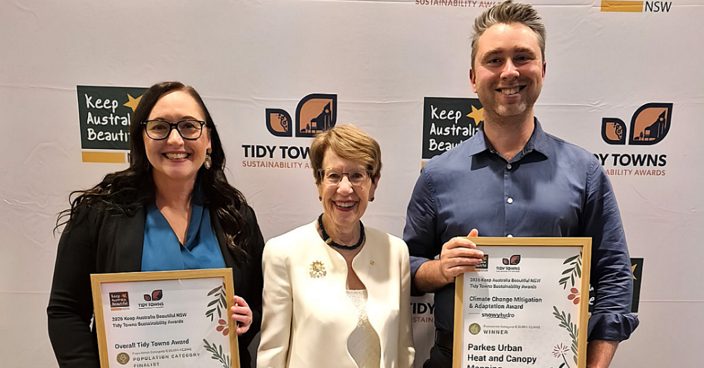 Parkes Shire Councillor Marg Applebee (left) with Her Excellency The Honourable Margaret Beazley AC KC and PSC Manager Environment and Sustainability Michael Chambers at Keep Australia Beautiful NSW 2026 Tidy Towns Sustainability Awards in Orange over the weekend.