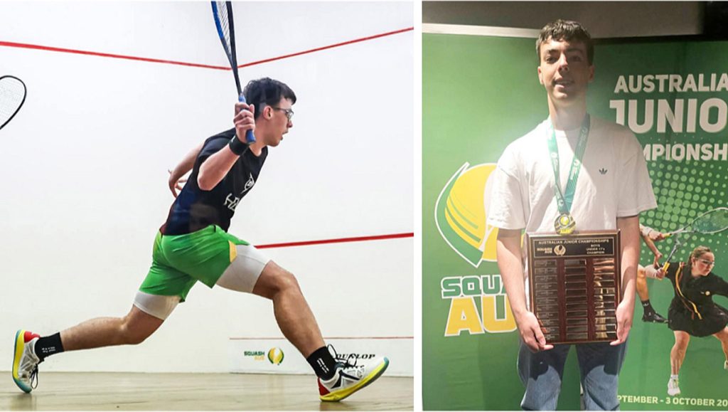 Left: Henry Kross pictured in action. Photo credit: Rogue Gun Photography. Right: Henry Kross after being awardedAustralian Junior Squash Championship Under 17 Boys Title.